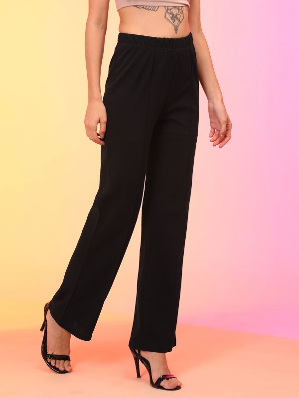 Globus Women Black Stretchable High-Rise Flat Front Bootcut Trousers