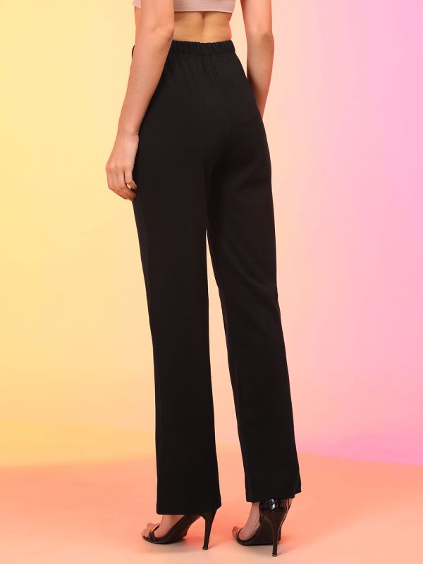 Globus Women Black Stretchable High-Rise Flat Front Bootcut Trousers