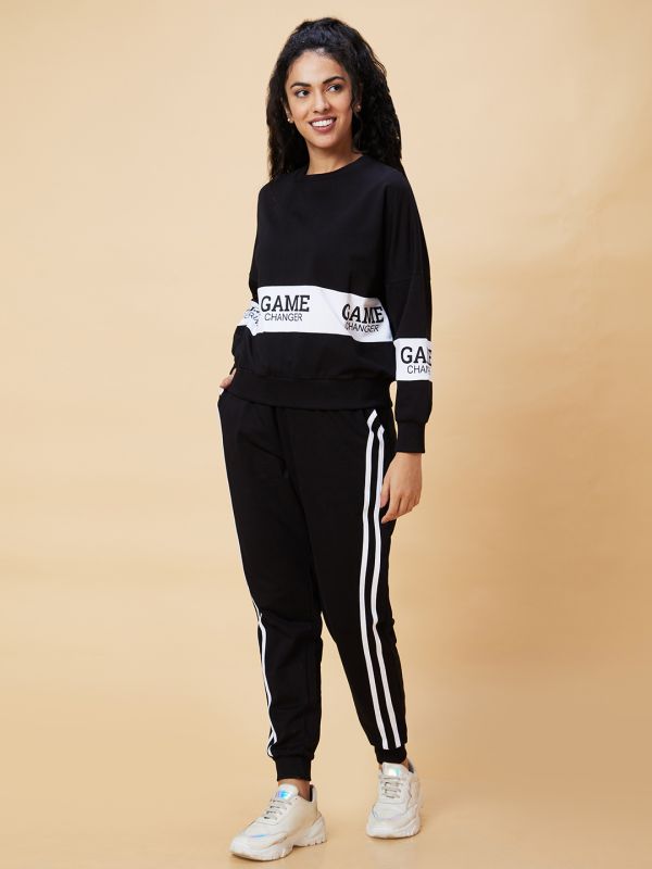 Globus Women Black Typography Printed Boxy Fit Sweatshirt & Side Striped Joggers Co-Ord Set