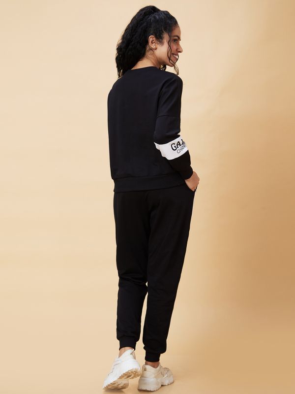 Globus Women Black Typography Printed Boxy Fit Sweatshirt & Side Striped Joggers Co-Ord Set