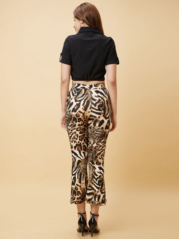 Globus Women Black Casual Co-Ord Set with Solid Twisted Crop Top and Animal Print Trouser