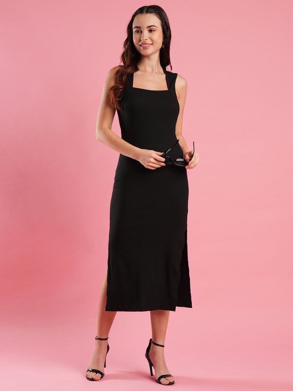 Globus Women Black Square Neck Side Slit Ribbed Midi Bodycon Dress