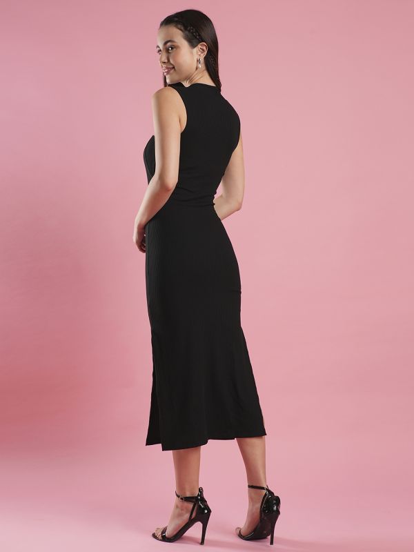 Globus Women Black Square Neck Side Slit Ribbed Midi Bodycon Dress