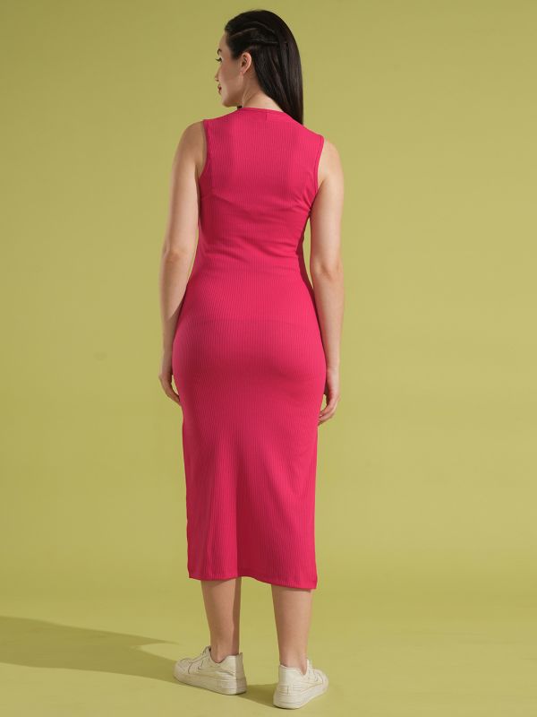 Globus Women Pink Square Neck Ribbed Bodycon Side Slit Midi Party Dress