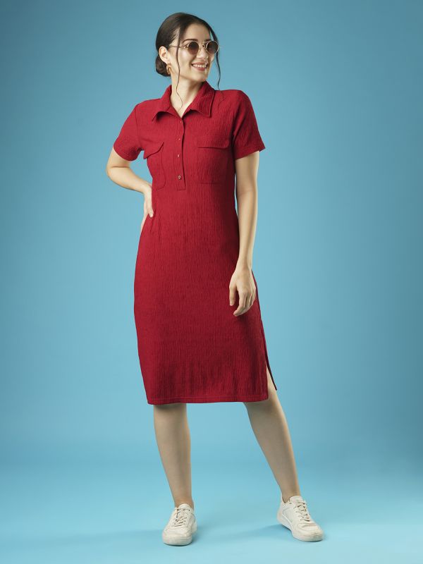 Globus Women Maroon Self Design Shirt Collar Pocket Detail Midi Sheath Dress