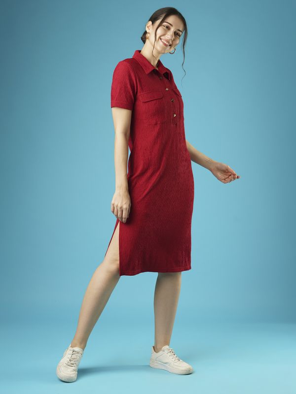Globus Women Maroon Self Design Shirt Collar Pocket Detail Midi Sheath Dress