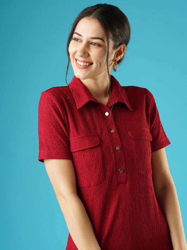 Globus Women Maroon Self Design Shirt Collar Pocket Detail Midi Sheath Dress