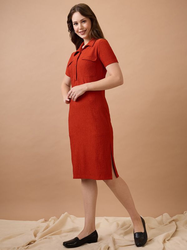 Globus Women Rust Self Design Shirt Collar Pocket Detail Midi Sheath Workwear Dress