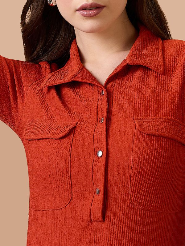 Globus Women Rust Self Design Shirt Collar Pocket Detail Midi Sheath Workwear Dress