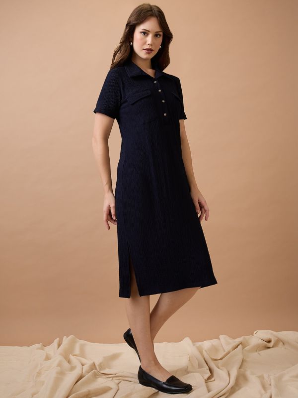 Globus Women Navy Blue Self Design Shirt Collar Pocket Detail Midi Sheath Workwear Dress