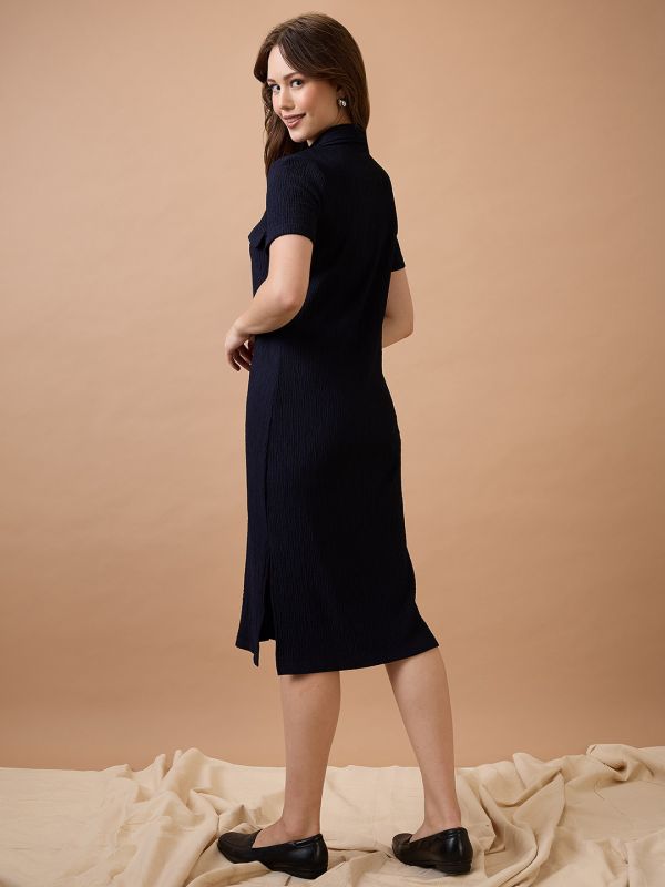 Globus Women Navy Blue Self Design Shirt Collar Pocket Detail Midi Sheath Workwear Dress