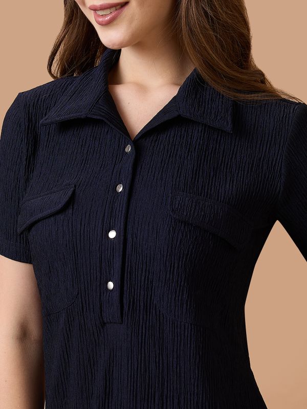 Globus Women Navy Blue Self Design Shirt Collar Pocket Detail Midi Sheath Workwear Dress