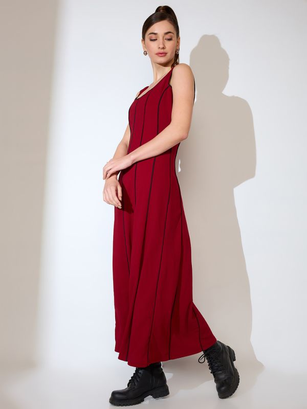 Globus Women Maroon Scoop Neck Stripes Design Flared Hem A-Line Maxi Dress