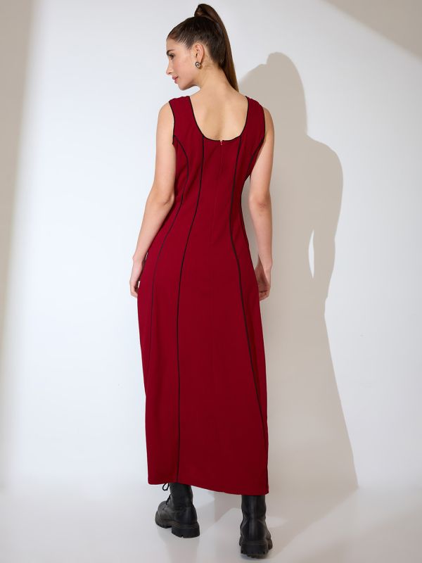 Globus Women Maroon Scoop Neck Stripes Design Flared Hem A-Line Maxi Dress