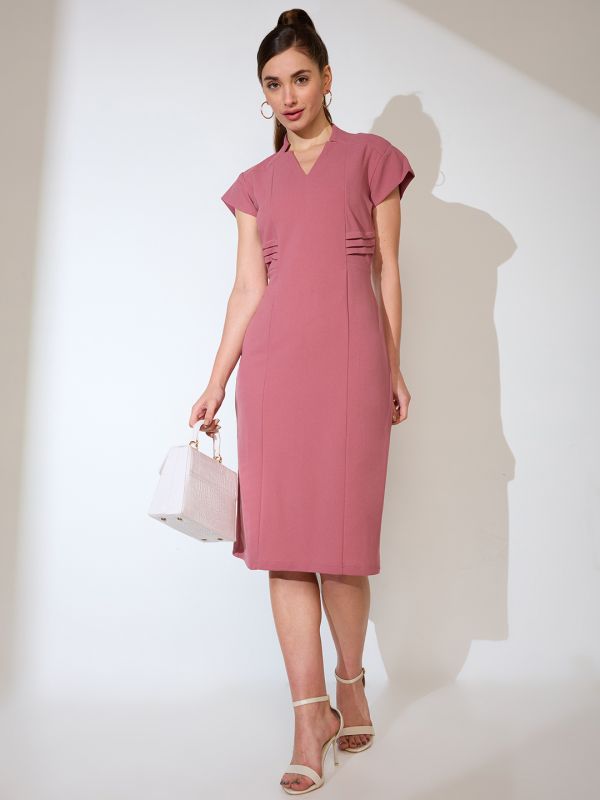 Globus Women Pink V-Neck Cap Sleeves Sheath Midi Workwear Dress