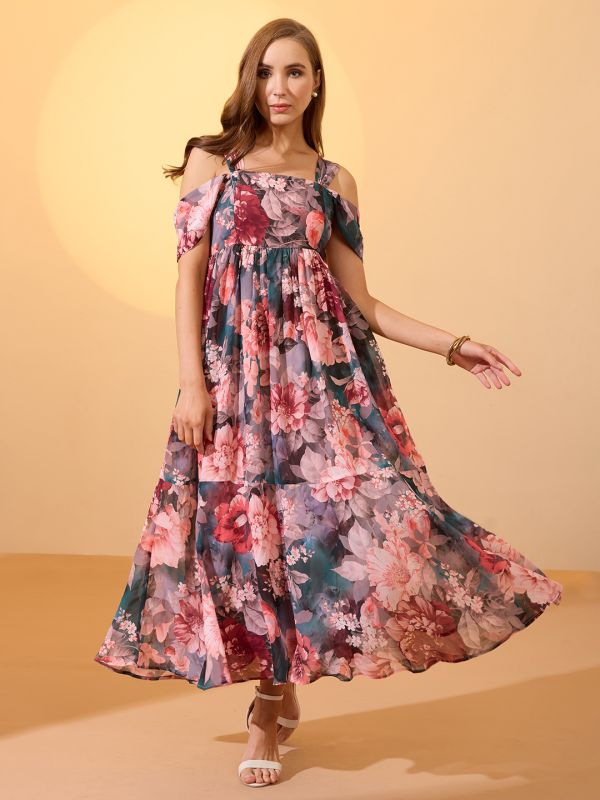 Globus Women Multicolour Floral Printed Square Neck Cold Shoulder Sleeves Smocked Fit & Flare Maxi Dress