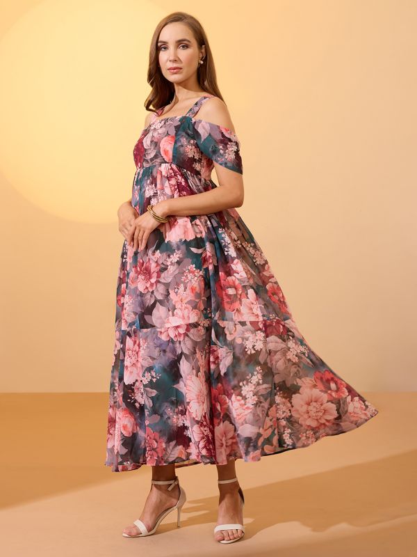 Globus Women Multicolour Floral Printed Square Neck Cold Shoulder Sleeves Smocked Fit & Flare Maxi Dress