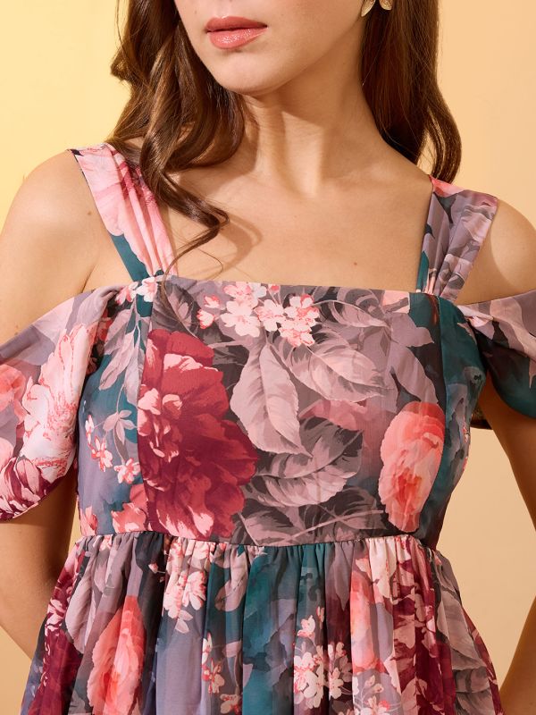 Globus Women Multicolour Floral Printed Square Neck Cold Shoulder Sleeves Smocked Fit & Flare Maxi Dress