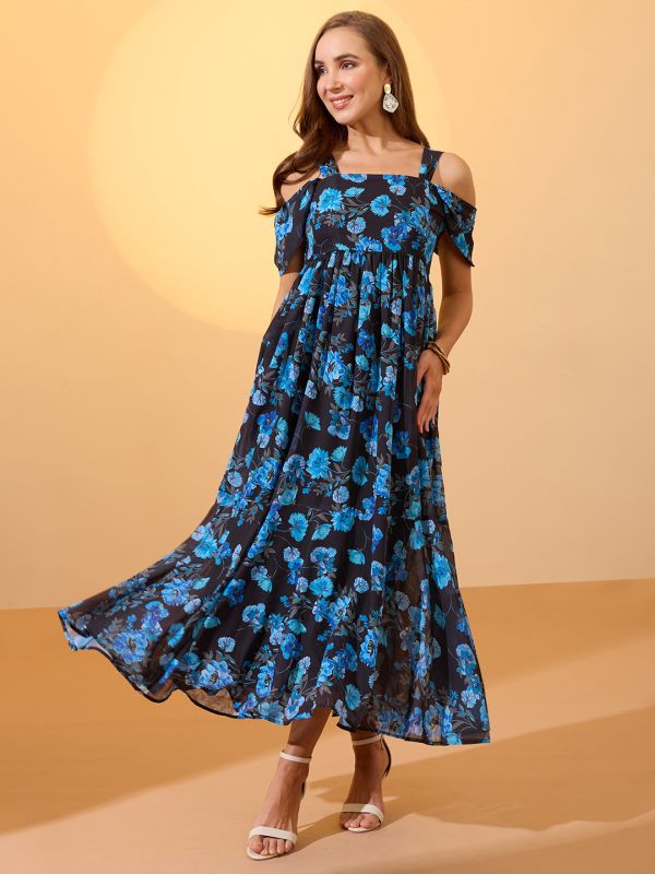 Globus Women Blue Floral Printed Square Neck Cold Shoulder Sleeves Smocked Fit & Flare Maxi Dress