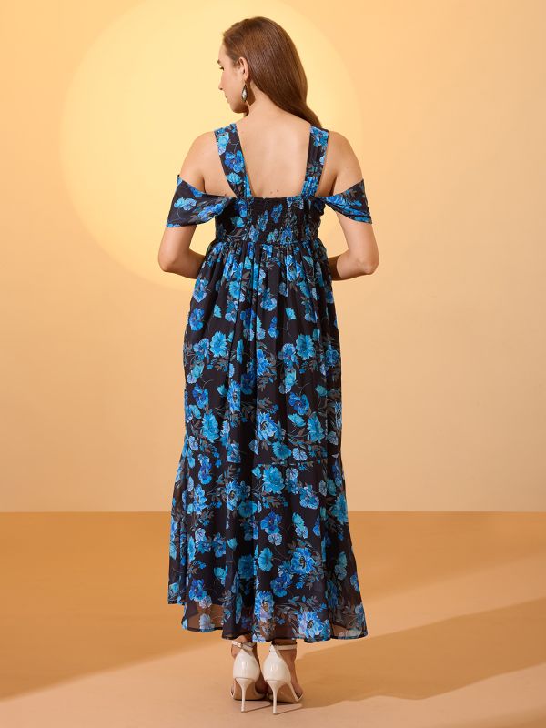 Globus Women Blue Floral Printed Square Neck Cold Shoulder Sleeves Smocked Fit & Flare Maxi Dress
