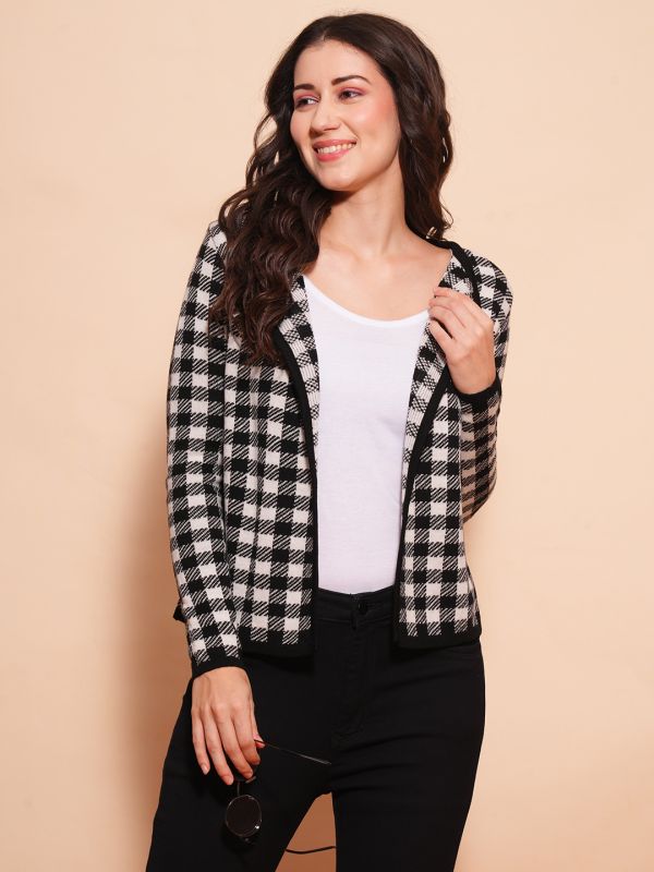 Globus Women Black & White Chequered Lapel Collar Full Sleeves Cardigan Sweater