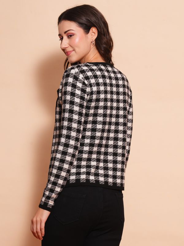 Globus Women Black & White Chequered Lapel Collar Full Sleeves Cardigan Sweater