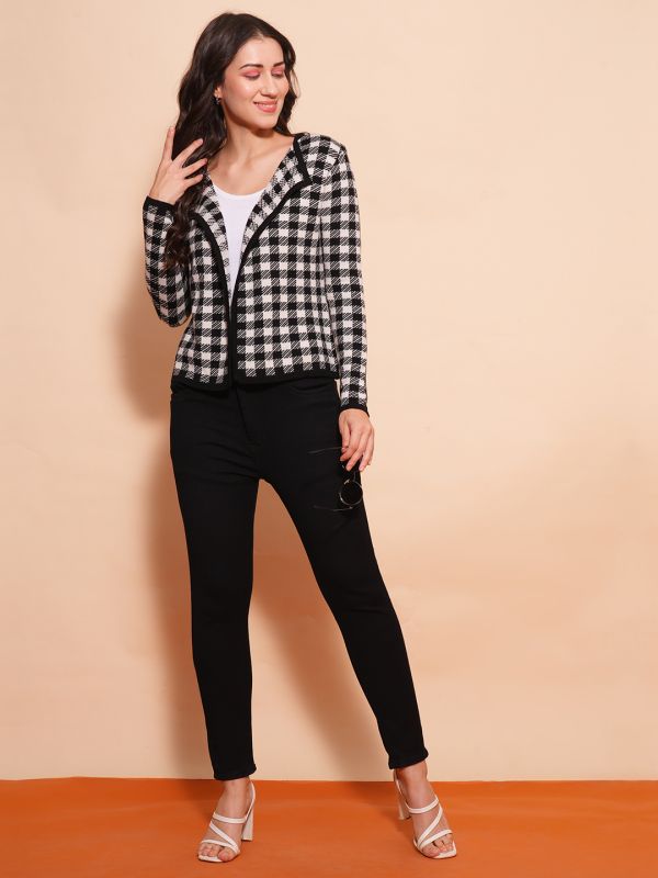 Globus Women Black & White Chequered Lapel Collar Full Sleeves Cardigan Sweater