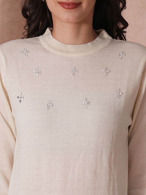 Globus Women White Solid Embellished Round Neck Long Sleeves Pullover Sweater