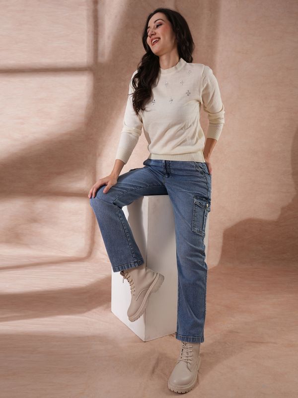 Globus Women White Solid Embellished Round Neck Long Sleeves Pullover Sweater