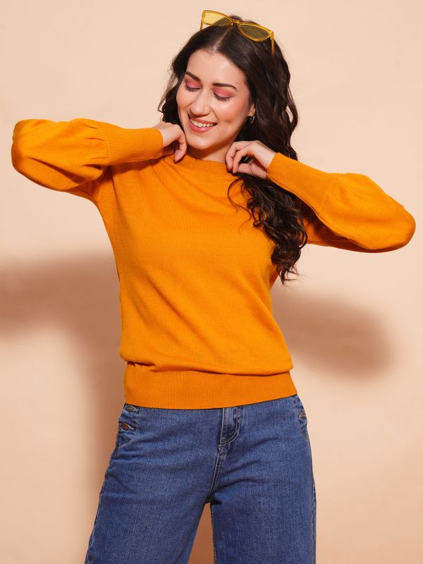 Globus Women Mustard Cotton Bishop Sleeves Ribbed Hem Flat Knitted Pullover Sweater