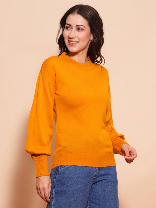 Globus Women Mustard Cotton Bishop Sleeves Ribbed Hem Flat Knitted Pullover Sweater