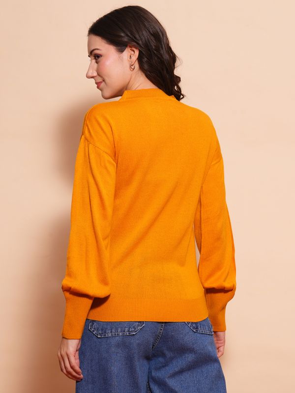 Globus Women Mustard Cotton Bishop Sleeves Ribbed Hem Flat Knitted Pullover Sweater
