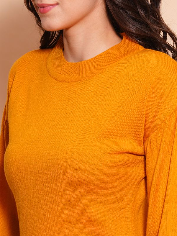 Globus Women Mustard Cotton Bishop Sleeves Ribbed Hem Flat Knitted Pullover Sweater