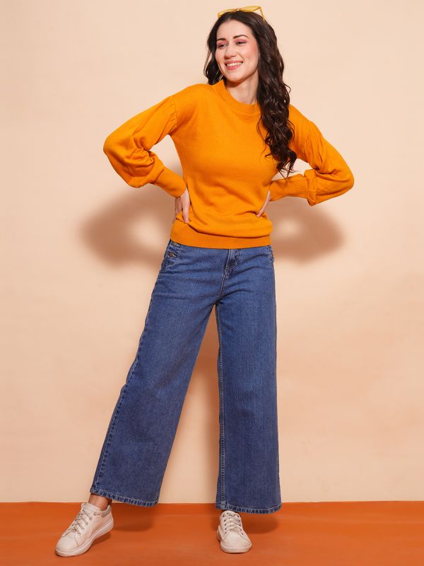 Globus Women Mustard Cotton Bishop Sleeves Ribbed Hem Flat Knitted Pullover Sweater