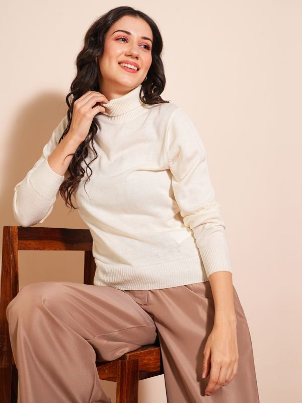 Globus Women Off-White Solid Full Sleeves Turtle Neck Ribbed Hem Flat Knit Sweater