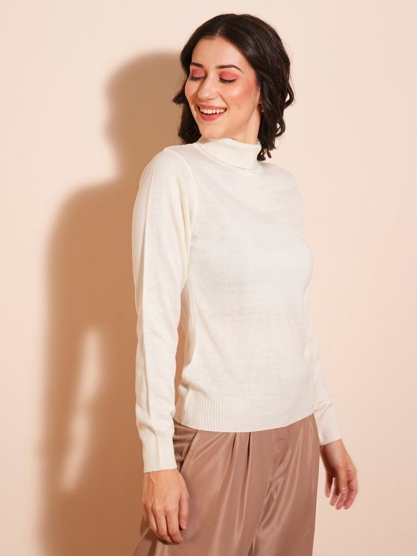 Globus Women Off-White Solid Full Sleeves Turtle Neck Ribbed Hem Flat Knit Sweater
