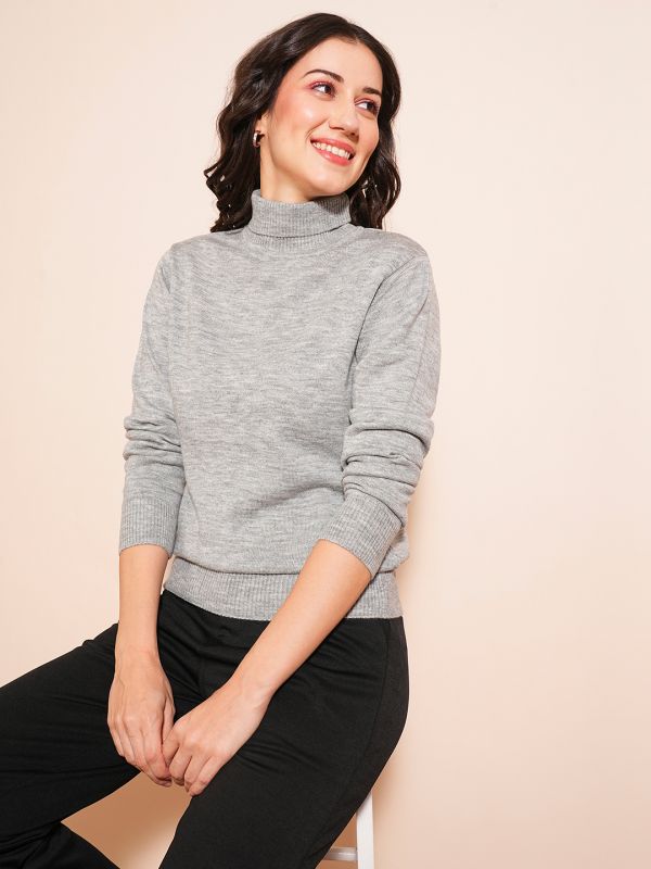 Globus Women Grey Melange Solid Full Sleeves Turtle Neck Ribbed Hem Flat Knit Sweater