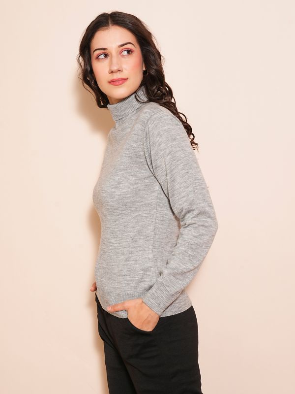 Globus Women Grey Melange Solid Full Sleeves Turtle Neck Ribbed Hem Flat Knit Sweater