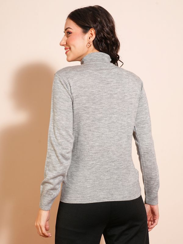 Globus Women Grey Melange Solid Full Sleeves Turtle Neck Ribbed Hem Flat Knit Sweater