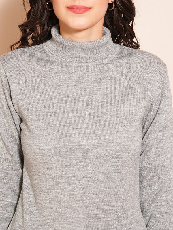 Globus Women Grey Melange Solid Full Sleeves Turtle Neck Ribbed Hem Flat Knit Sweater