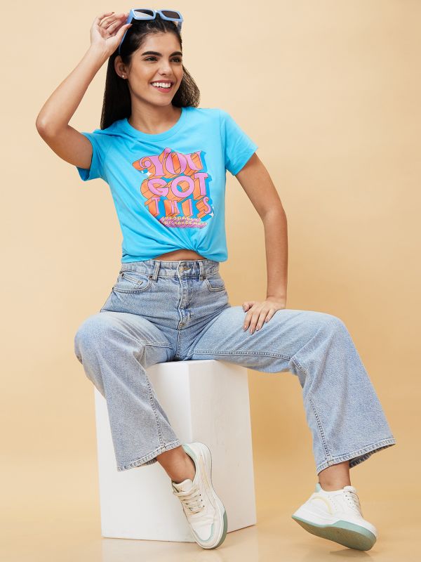 Globus Women Turquoise Printed Round Neck Casual Regular Fit T-shirt