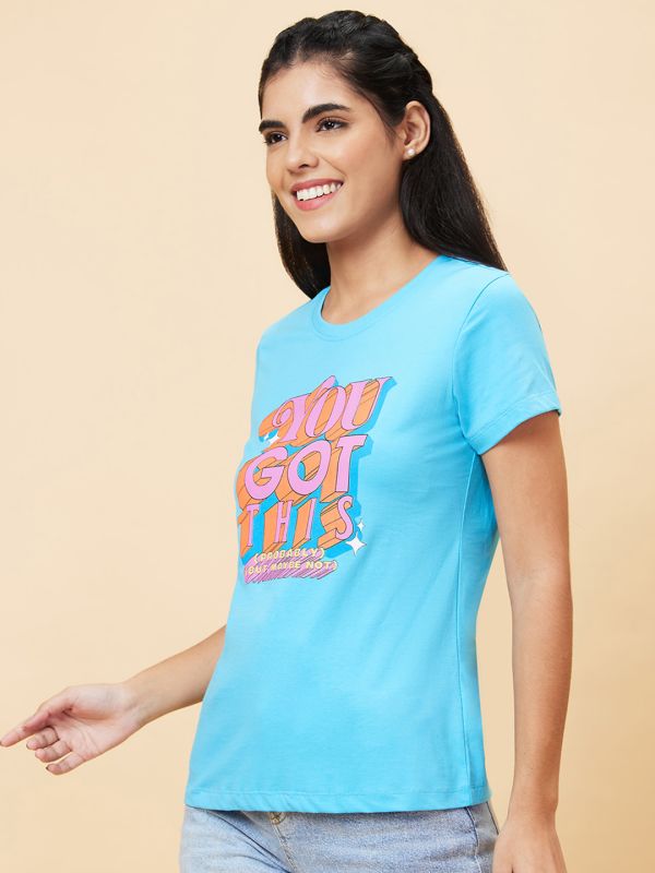 Globus Women Turquoise Printed Round Neck Casual Regular Fit T-shirt