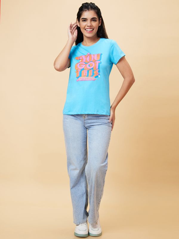 Globus Women Turquoise Printed Round Neck Casual Regular Fit T-shirt