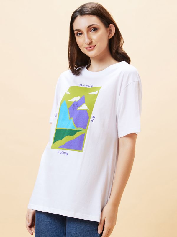 Globus Women White Graphic Print Round Neck Oversized Casual T-Shirt