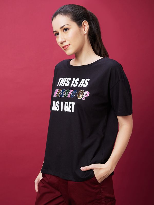 Globus Women Black Typography Printed Drop-Shoulder Sleeves Boxy Tshirt