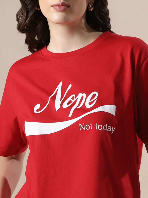 Globus Women Red Drop Shoulder Graphic Printed Oversized Trendy Crop T-Shirt