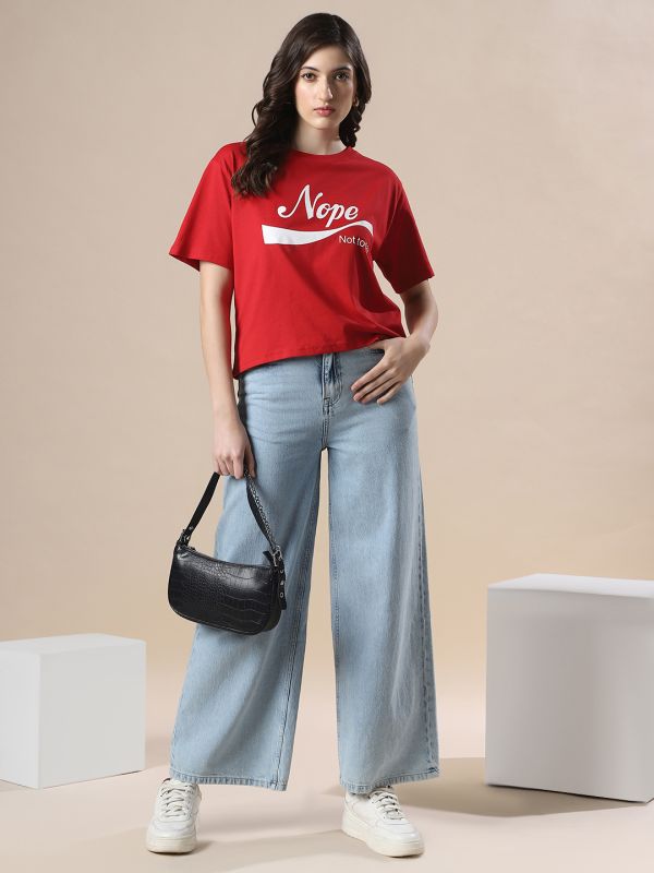 Globus Women Red Drop Shoulder Graphic Printed Oversized Trendy Crop T-Shirt