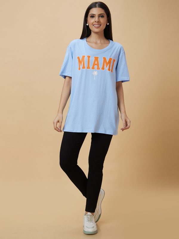 Globus Women Blue Printed Round Neck Oversized Casual T-Shirt