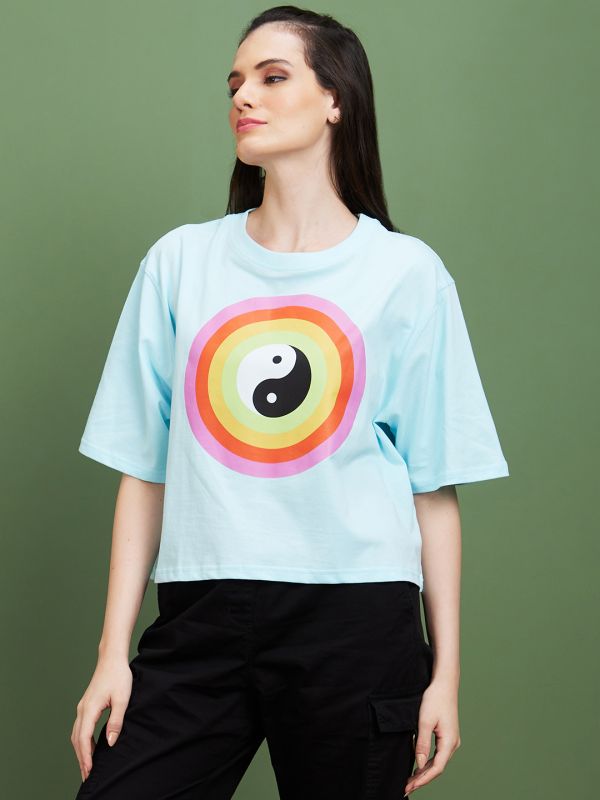 Globus Women Blue Graphic Conversational Cotton Round Neck Boxy Fit Casual T-Shirt