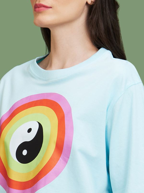 Globus Women Blue Graphic Conversational Cotton Round Neck Boxy Fit Casual T-Shirt